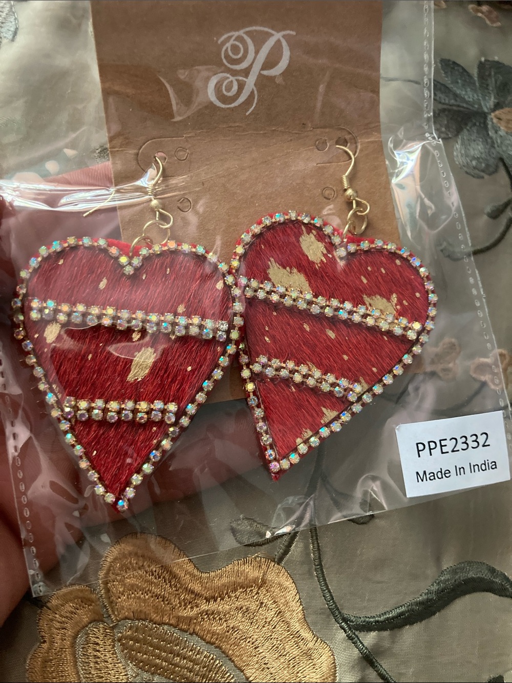 Heart Red Faux Fur Rhinestone Drop Earrings